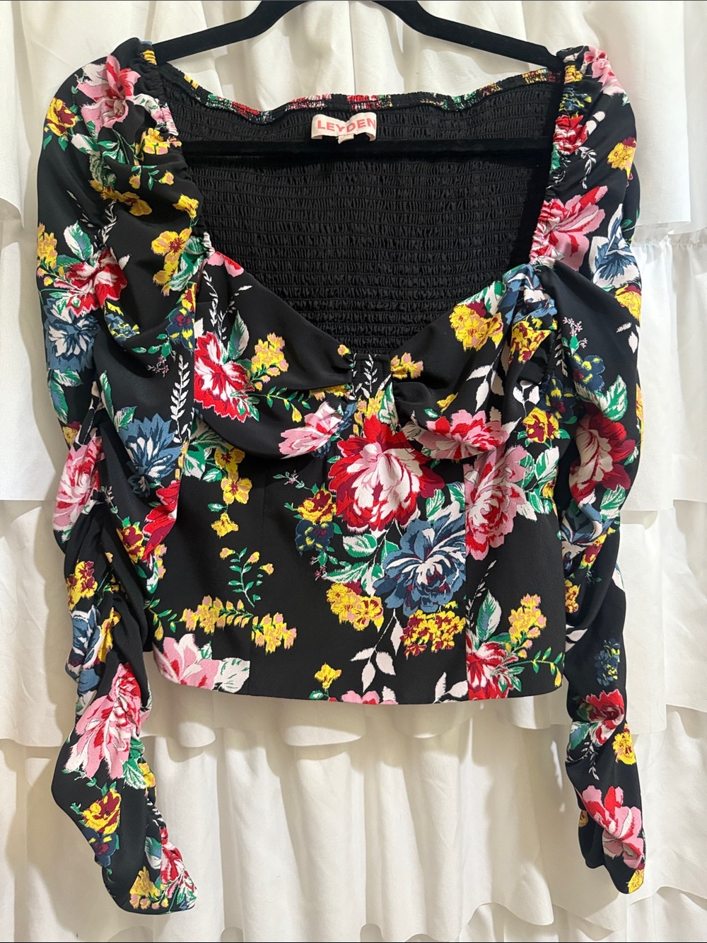 Leyden Black Floral Puff-Sleeve Crop Top with Pink, Yellow & Green Blooms